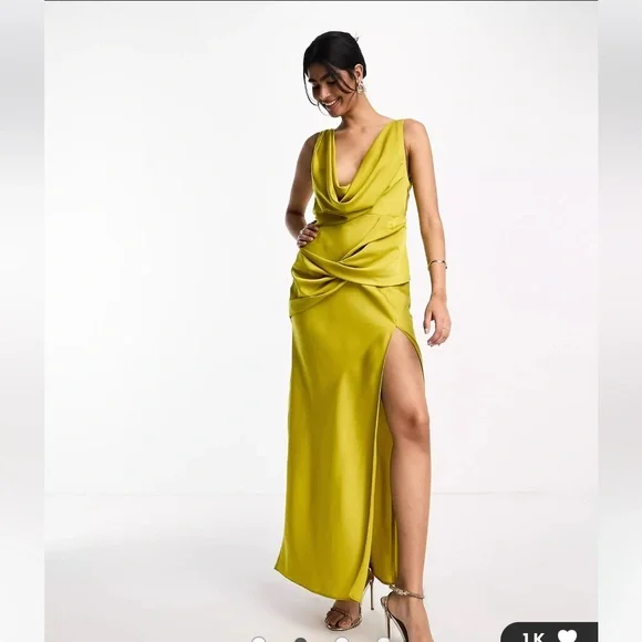 green emerald velvet dress Rent Asos Design Flutter Sleeve Cowl Neck Maxi Dress In Apple Green main image 0